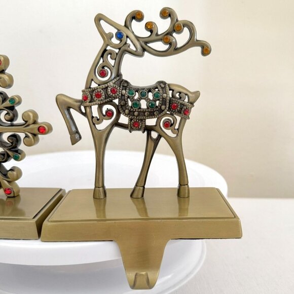 Reindeer Snowflake Metal Stocking Holder Set Christmas Mantel Hooks Gold Tone - Picture 3 of 16